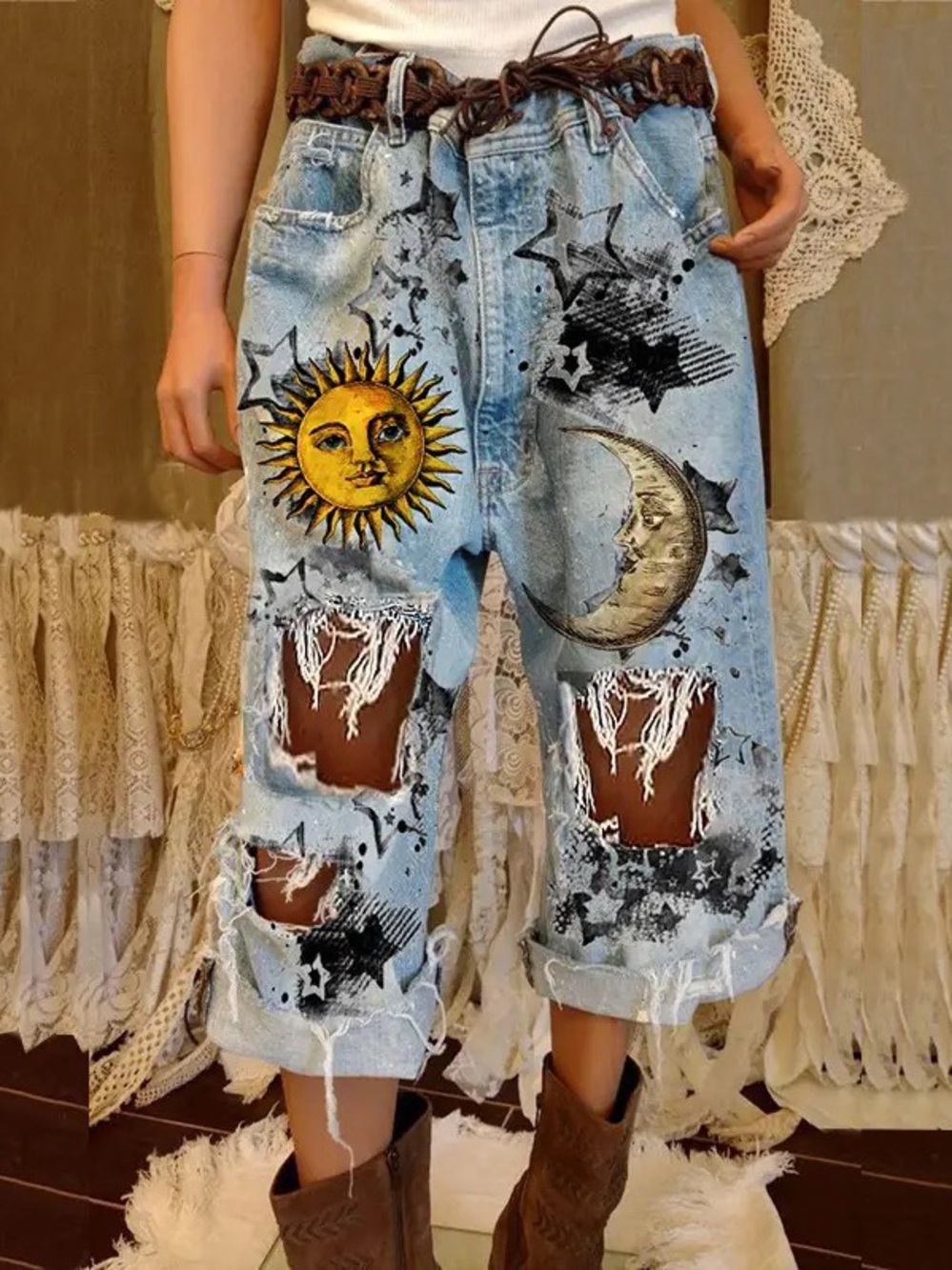 Denim Distressed Sun & Moon Graphic Jeans